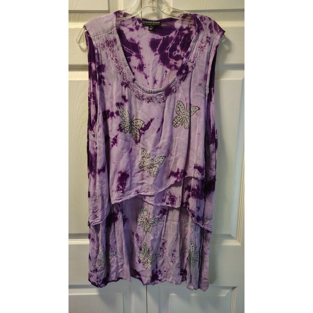 Greater Good Purple Tie Dye Butterfly Layered Tunic Tank Top - Plus Size 2X
